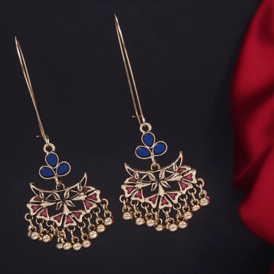 Antique Gold Plated Dual Colour Floral Hook Long Earring