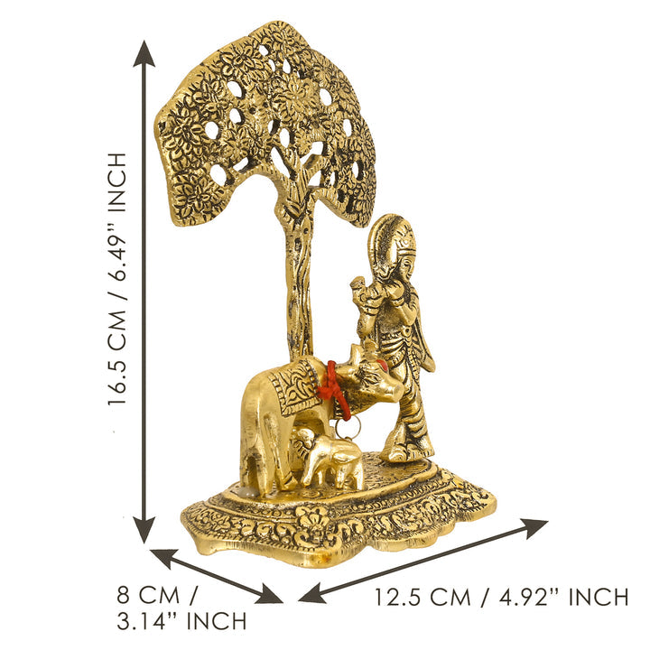 Golden Lord Krishna Idol playing Flute under Tree with Cow and Calf