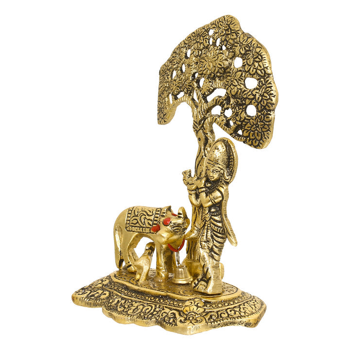 Golden Lord Krishna Idol playing Flute under Tree with Cow and Calf