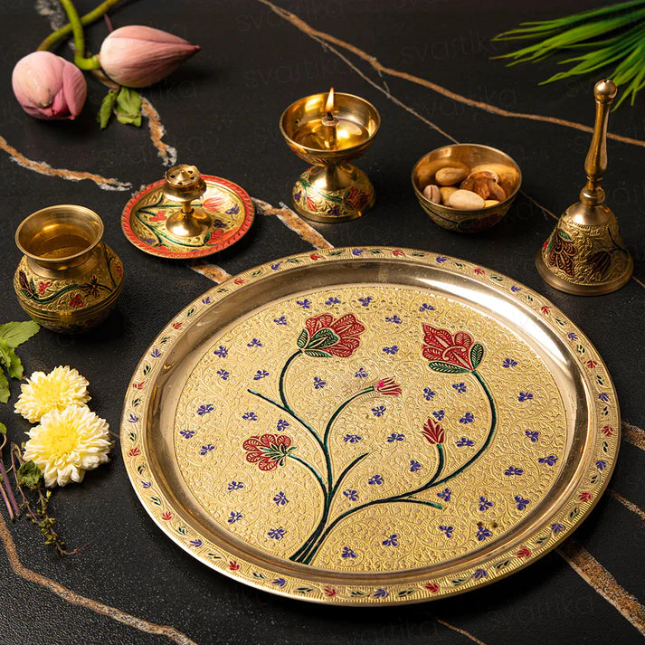 Brass Pooja Thali Set with Intricate Floral Patterns