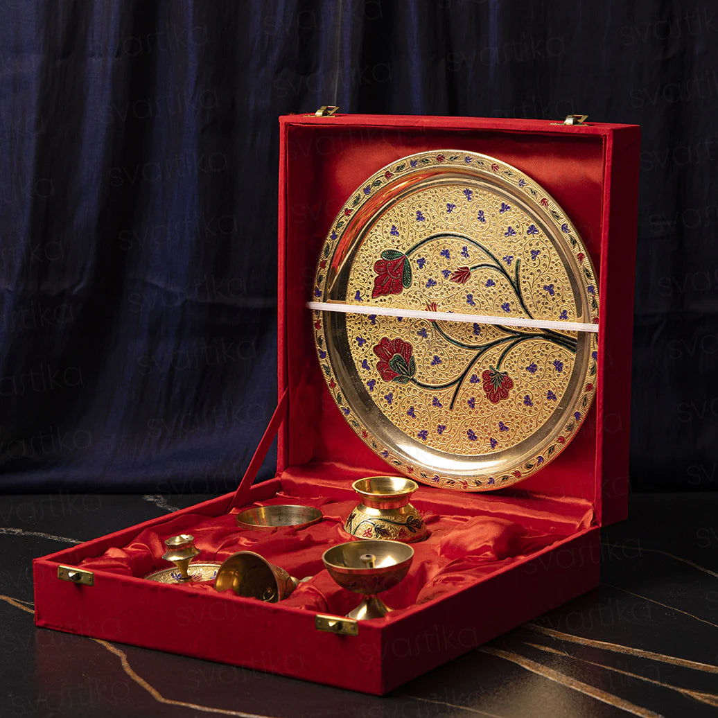 Brass Pooja Thali Set with Intricate Floral Patterns