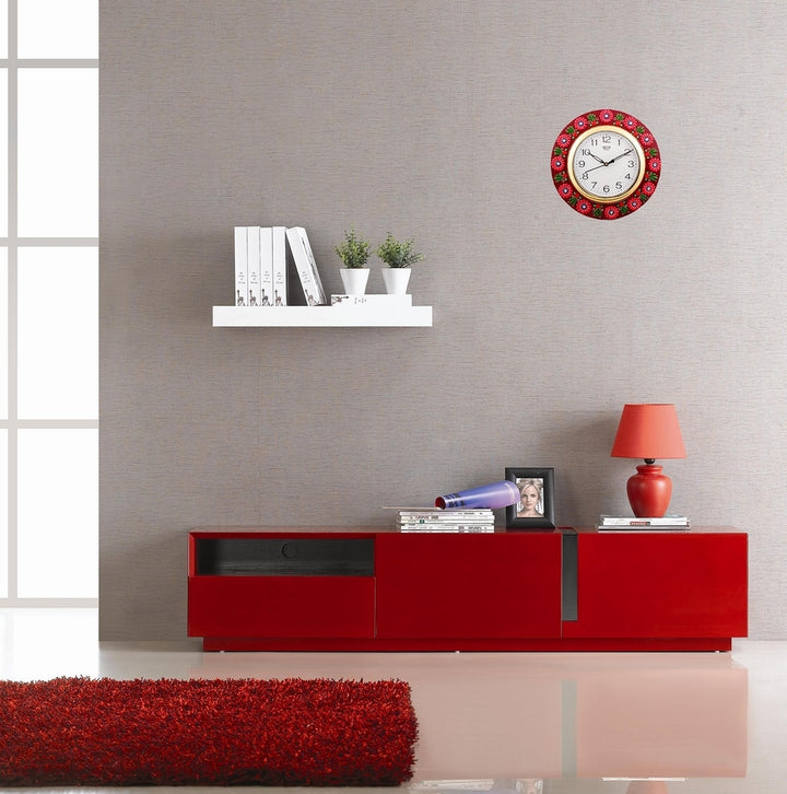 Vibrant Red Floral Crafted Papier-Mache Wooden Handcrafted Wall Clock