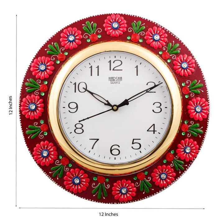 Vibrant Red Floral Crafted Papier-Mache Wooden Handcrafted Wall Clock