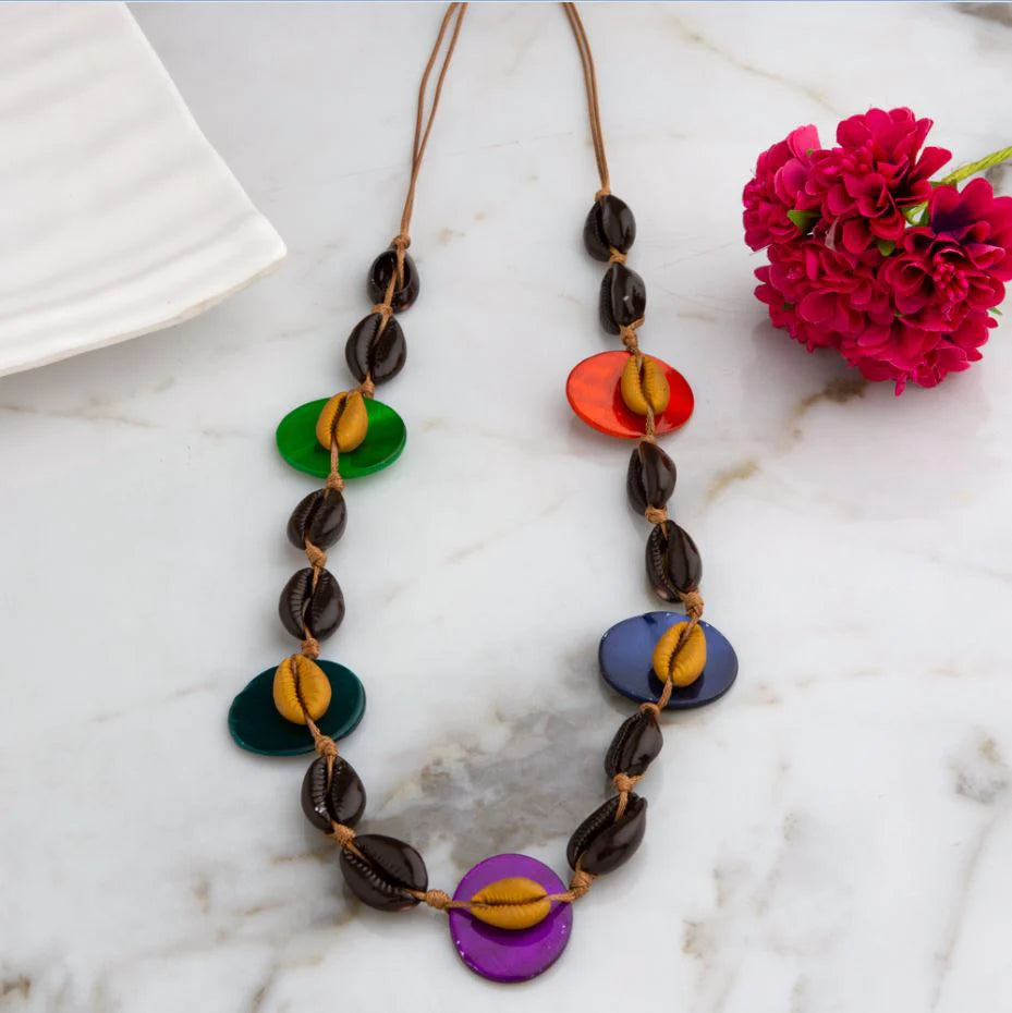 Brown Coral Shell And Multi Color Discs Long Necklace