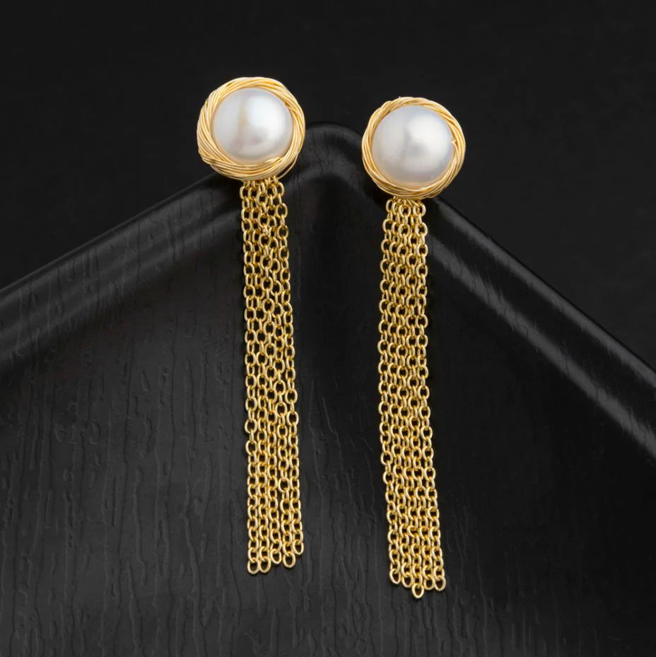 24 Carat Guaranteed Gold Plated Wire Wrapped Freshwater Natural Cultural Pearl With Hanging Chain Fashion Drop Earring