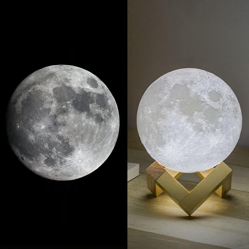 3D Moon Lamp with 5.9 Inch Wooden Base - LED Night Light, Mood Lighting with Touch Control Brightness for Home Décor, Bedroom, Gifts Kids Women Christmas New Year Birthday - White & Yellow - CraftEmporio