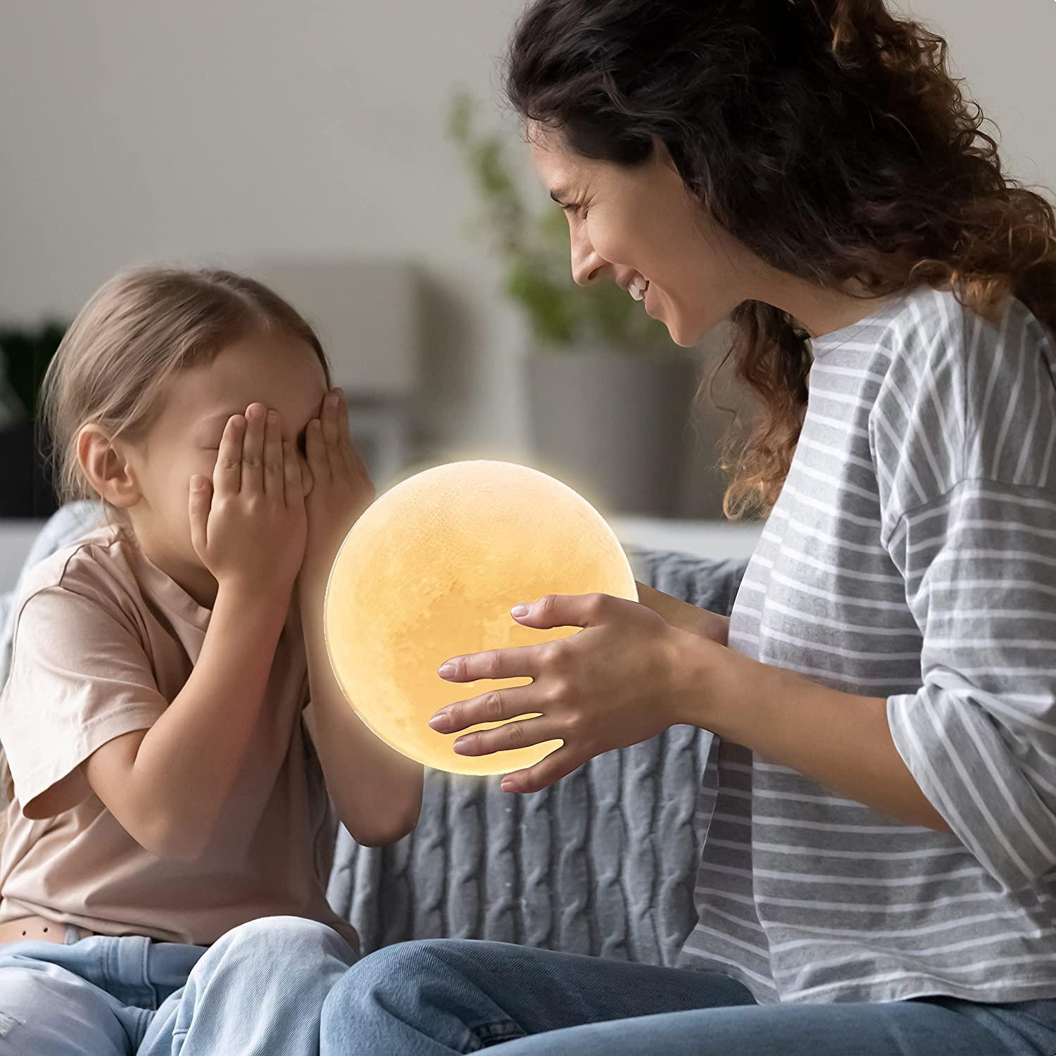 3D Moon Lamp with 5.9 Inch Wooden Base - LED Night Light, Mood Lighting with Touch Control Brightness for Home Décor, Bedroom, Gifts Kids Women Christmas New Year Birthday - White & Yellow - CraftEmporio
